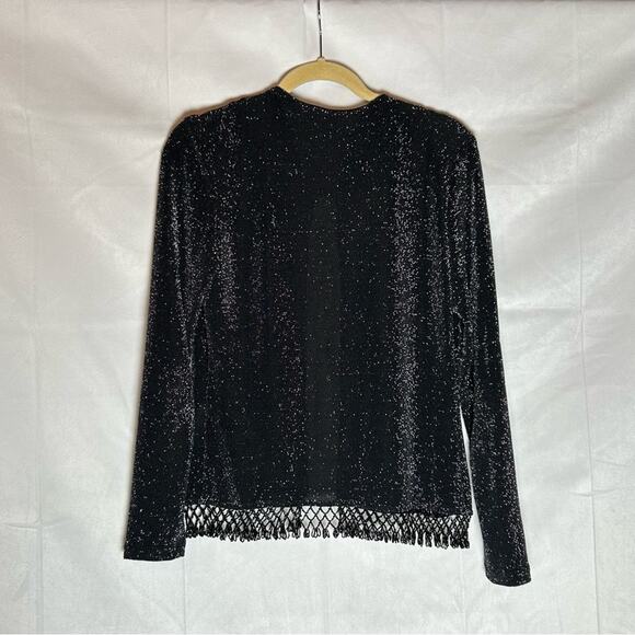 Xscape Black Sparkly Glittery Fringe Hem Cardigan Size Small - Picture 2 of 5